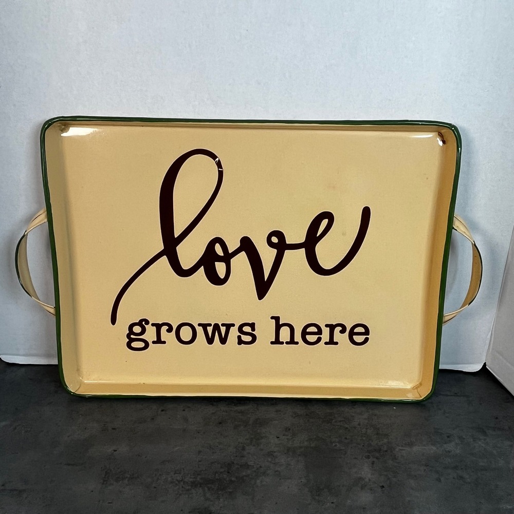 Tender Heart Treasures Love Grows Here Enamel Serving Tray Cream Green 2004 VTG